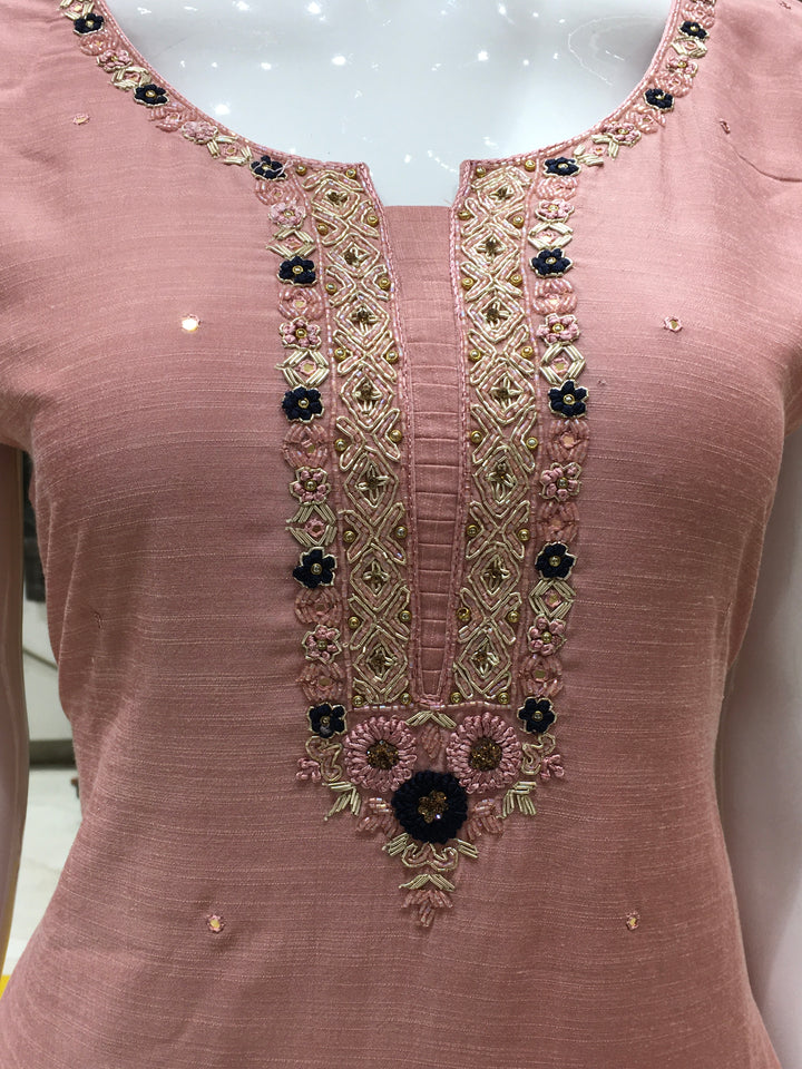 Peachy Pink/Sea Green Muslin Silk Straight Cut Salwar Kameez - 15032384 - View 6